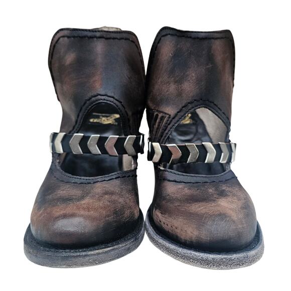 Distressed Ankle Bootie FreeBird Steven Blade Size 8 Black Brown Leather Buckle - Picture 3 of 16
